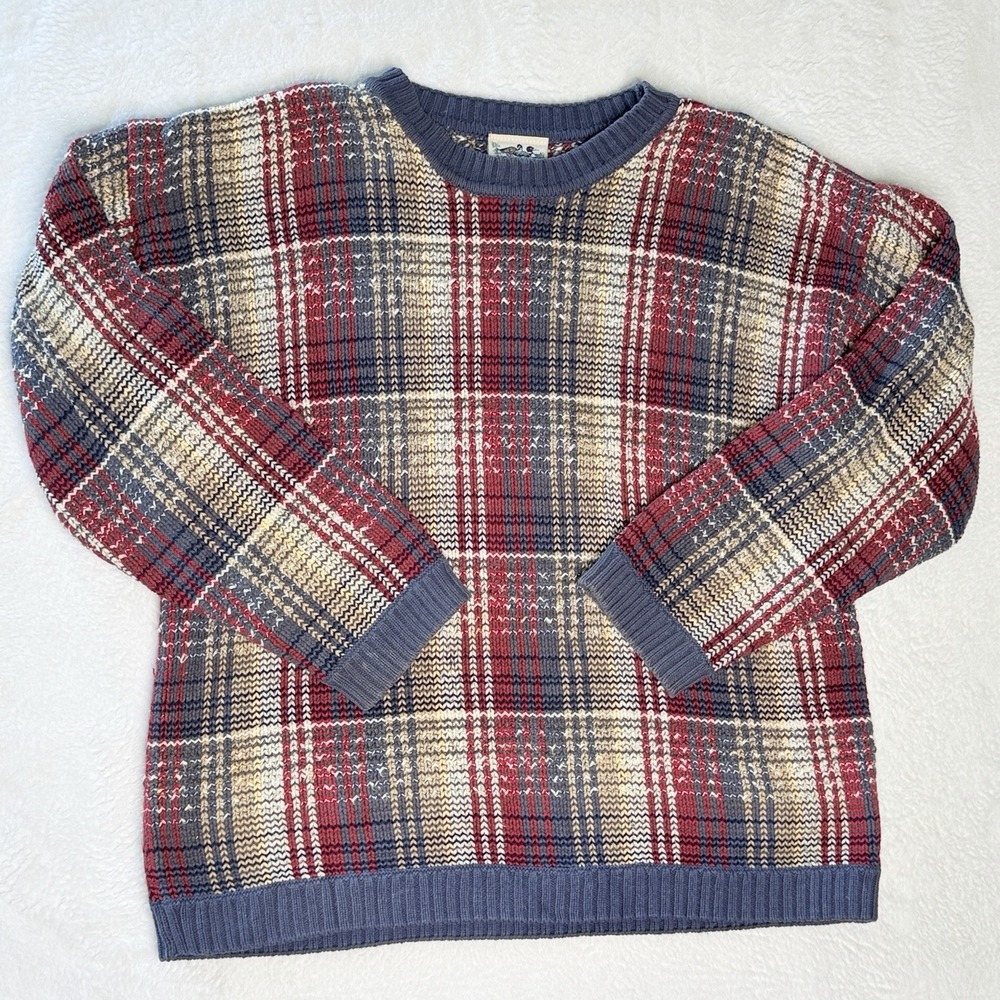 VTG 90s Northern Reflections Plaid Knit Sweater Mens Large Cotton Grandpa Preppy